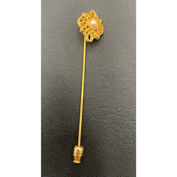 Vintage Gold Tone Scroll Work And Faux Pearl Stick Pin - Picture 1 of 4